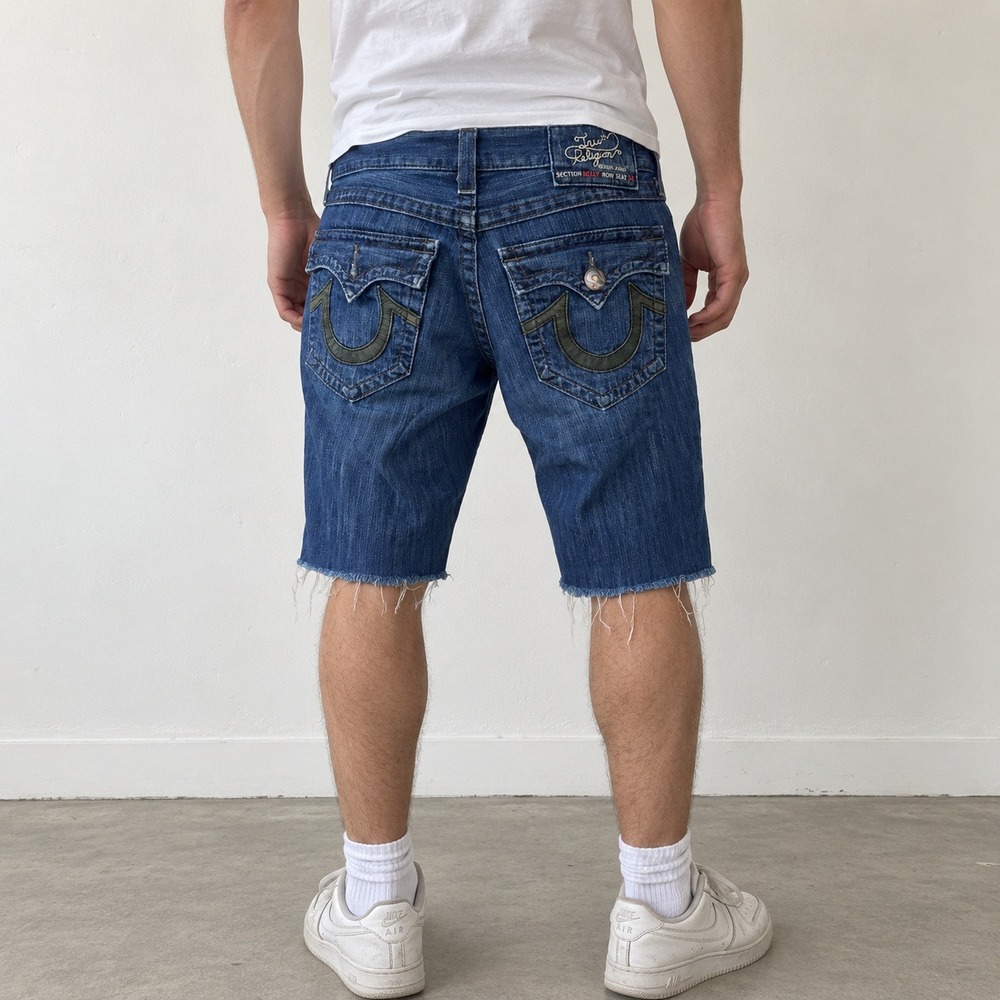True Religion Billy Mens Shorts 31 Blue Leather Horseshoe Frayed Y2K Streetwear